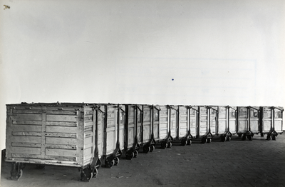 169730 Afbeelding van een reeks kleine laadkisten van de N.S. op het goederenstation Maastricht Boschpoort.